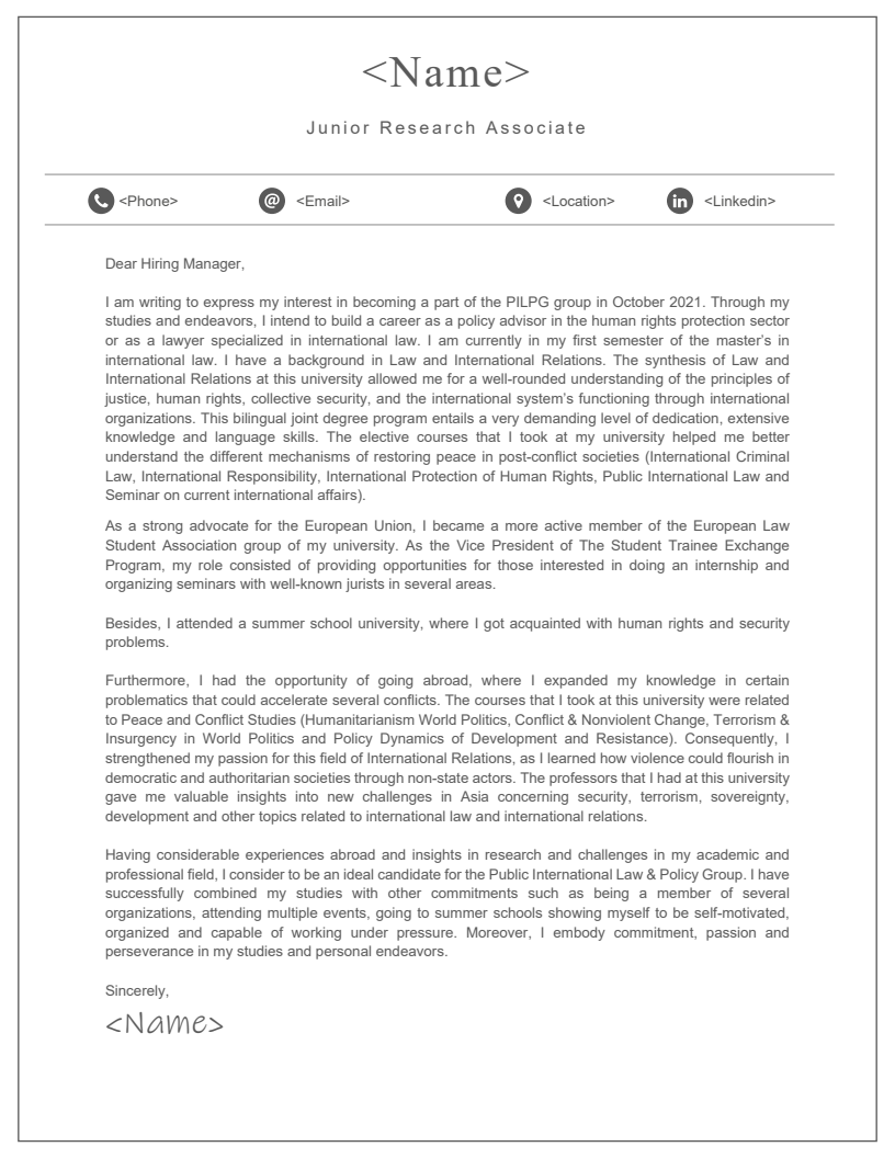 Public International Law and Policy Group Cover Letter Junior Research Associate