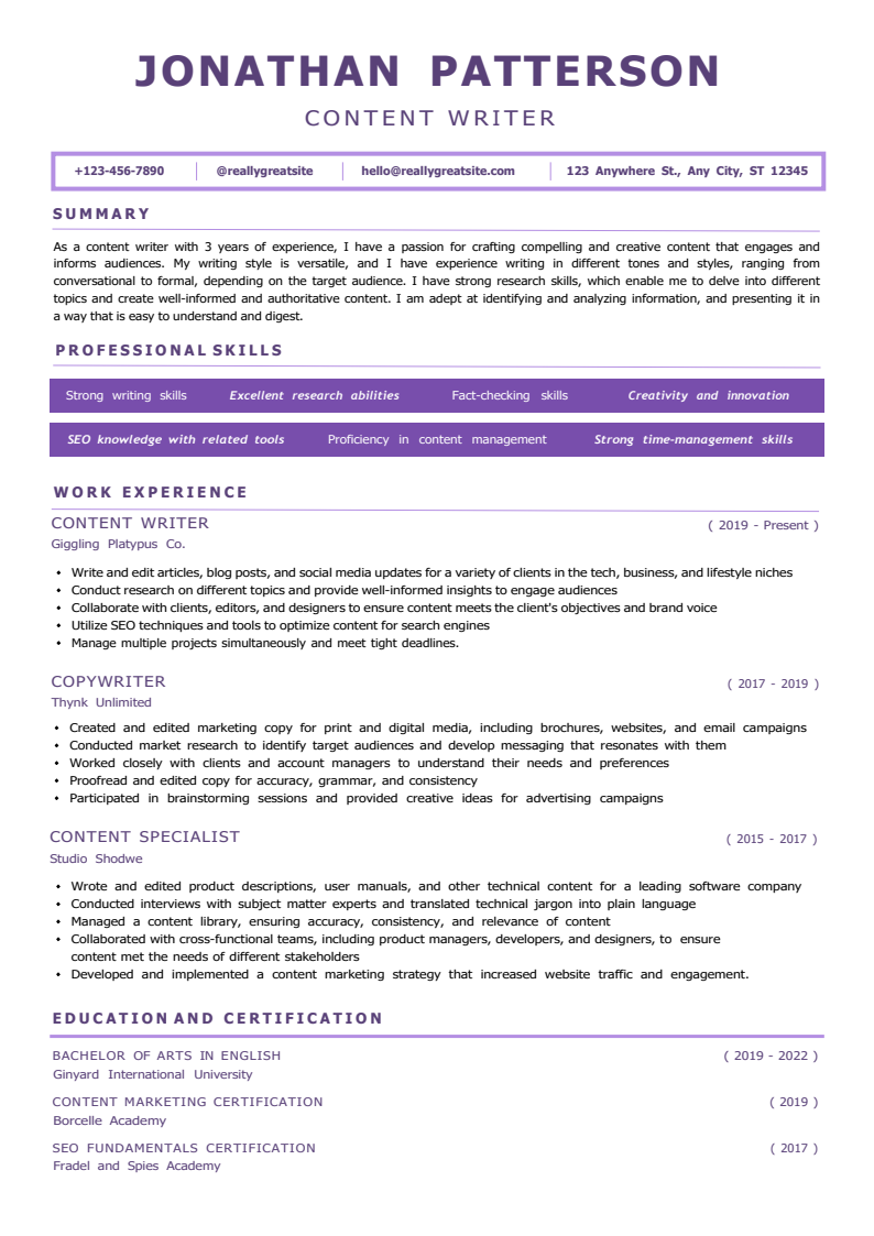 Purple White Professional Resume Template